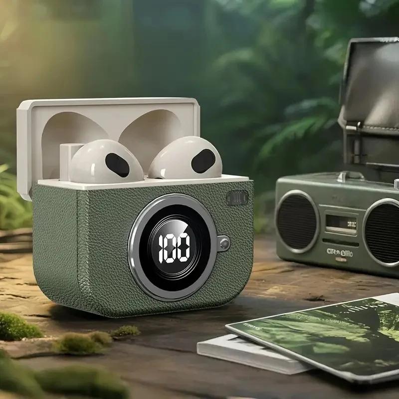 Q86 레트로 카메라 무선 이어버드 세미 인이어 이어폰 (스크린 디지털 디스플레이 및 게임용 저지연)