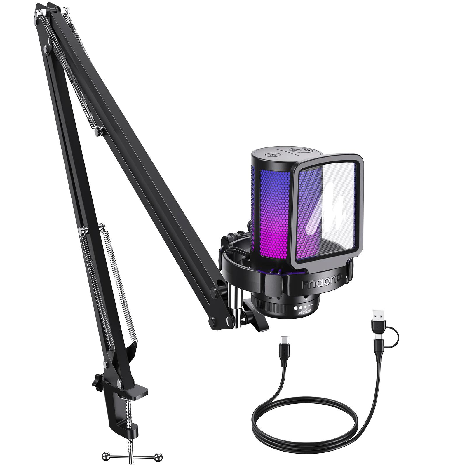 마오노 DGM20S 게이밍 USB 마이크 콘덴서 마이크 RGB 조명, 노이즈 캔슬링, 붐 암 포함, 스트리밍, 팟캐스트, 유튜브, 틱톡용